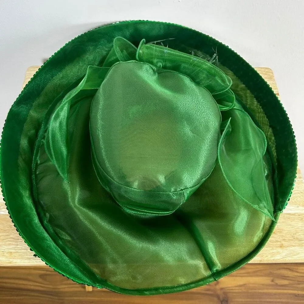 Ashro Womens Green Organza Church Hat Wide Brim Feather Beaded Trim Kentucky